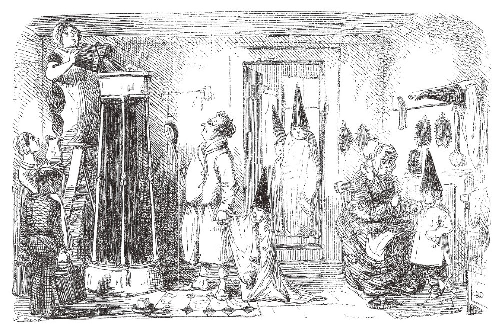 手動式加熱水的淋浴。左邊男孩拿的就是「噴壺」。《Punch》1850 年月曆。（創意市集提供）